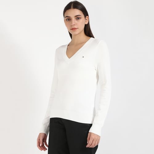 Tommy Hilfiger Women's Viscose V-Neck Sweater (S25HWSW015 White