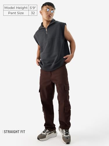 The Souled Store Solids: Decadent Chocolate Straight Fit Cotton Cargo Jeans - Elevate Your Style with Versatile Comfort for Men and Boys