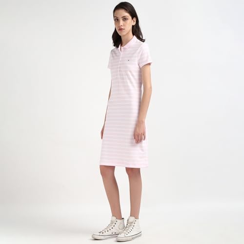 Tommy Hilfiger Women Pink Striped Cotton Short Sleeve Dress