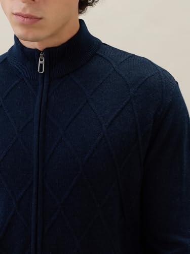 Raymond Men Regular Fit Structure Pattern Acrylic Wool Blend V Neck Full Sleeve Casual Winter Wear Blue