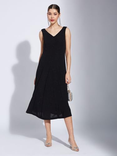 Latin Quarters Women Black Solid A-Line Midi Dress with V-Neck and Sleeveless Design Ideal