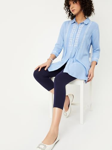 Max Women Solid Calf Length Leggings, Blue, S