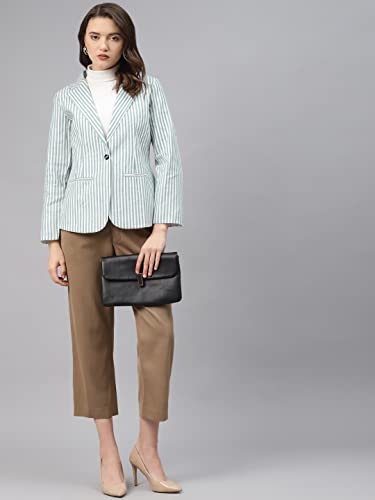 Cottinfab Women White & Green Striped Cotton Formal Single Breasted Blazer