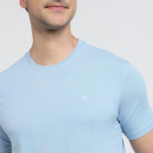Raymond Men Regular Fit Solid Pattern Pure Cotton Crew Neck Half Sleeve Casual T-Shirt Medium Blue