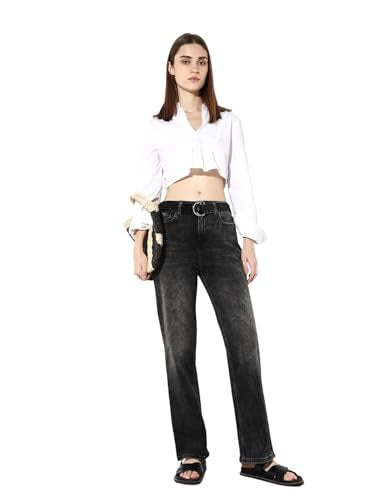 ONLY Women's Solid Straight Fit Mid-Rise Black Jeans with Belt