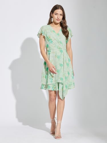 Latin Quarters Women Green V-Neck Half Sleeves Printed Above Knee A-Line Dress for Casual Wear_S