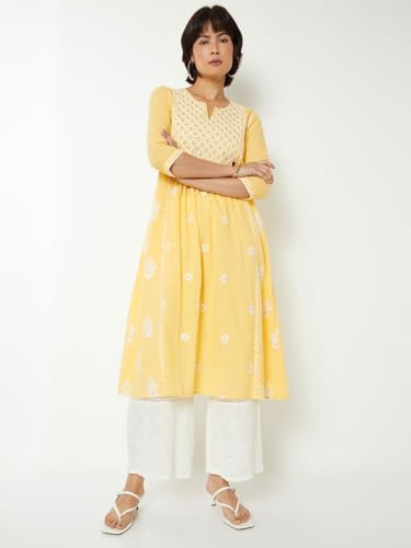 Max Women Embroidered A-line Kurta (Yellow_XL)
