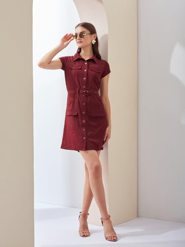 Latin Quarters Women's Maroon Solid Cap Sleeve Collar Neck Casual Shirt Dress_S