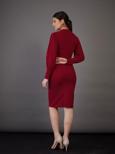 Sassafras worklyf Women's Red Puff Sleeves Bodycon Midi Dress-XS