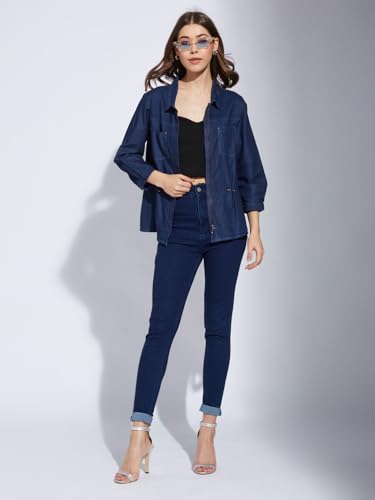 Latin Quarters Women's Blue 3/4Th Sleeves Collared Casual Solid Shirt_XXL