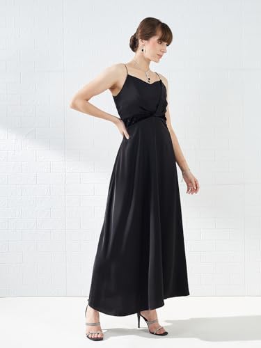 Latin Quarters Women's Black Strappy Sweetheart Neck Solid Party Maxi Dress_M