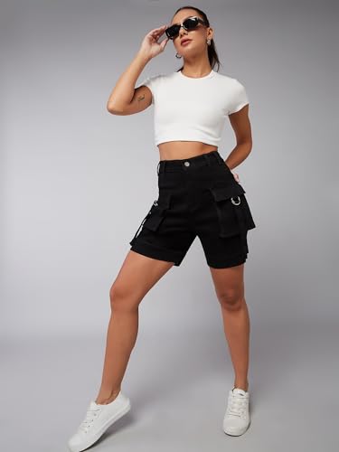 Dolce Crudo Women's Flared High Rise Regular Stretchable Denim Shorts (DOSS24DEN79-05-383-32, Slate Black, 32)