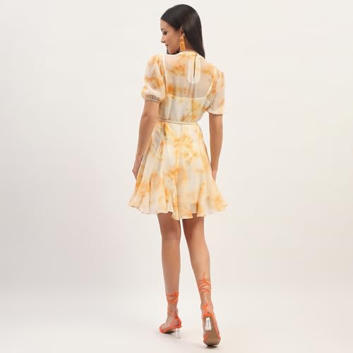 Madame Tie Dye Belted Orange Rayon Blend Mini Dress