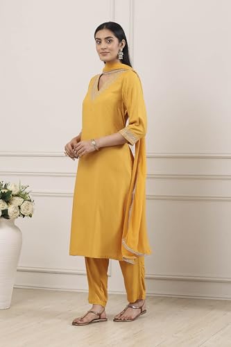 Biba Women Yellow Viscose Rayon Straight Suit Set_42