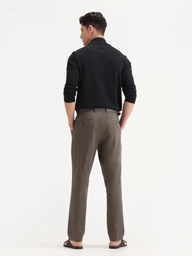 RARE RABBIT Men's Naji Dark Brown Cotton Blend Plain Relaxed Fit Trouser