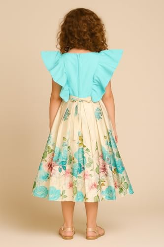 My Lil Princess Girls Calf-Length Floral Party Blue Dress with Embroidered Bodice – Cotton Lining – Birthday & Celebration Wear (3–9 Years)