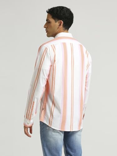 Pepe Jeans Men's Striped Regular Fit Shirt (Peach Orange) - SaumyasStore