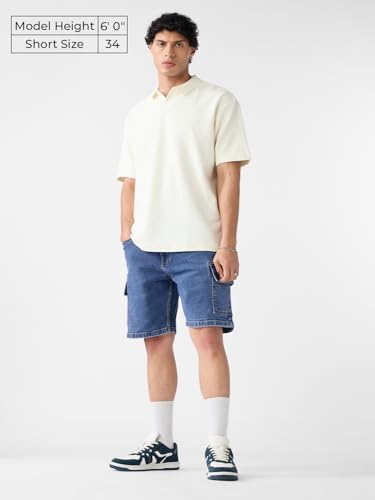 The Souled Store Baggy Cargo: Glacier Men and Boys Buttoned Knee Length Cotton Blend Baggy Fit Denim Shorts