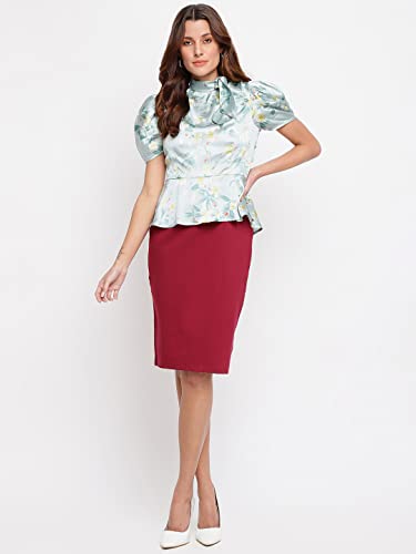 Latin Quarters Women Green Tie Neck Half Sleeve Floral Top for Casual Wear_M