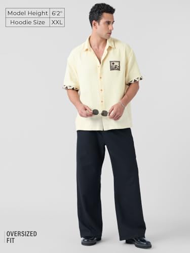 The Souled Store Oversized Shirt: Scenic Men and Boys Short Sleeves Collared Neck Button Front Off White Embroidered Cotton Oversized Shirts