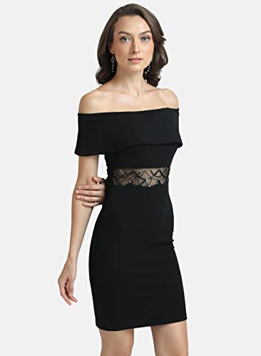 Kazo Women's Polyester Fit and Flare Knee-Length Dress (124141BLACKXS_Black