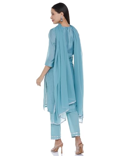 BIBA WOMEN EMBROIDERY NARROW SALWAR KURTA DUPATTA(SKD7402E_POWDER BLUE_40)