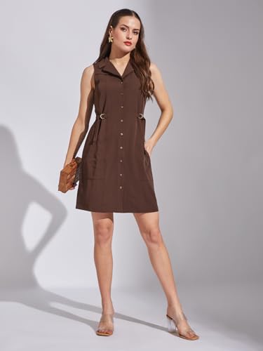 Latin Quarters Women Brown Sleeveless Casual Solid Dress_L