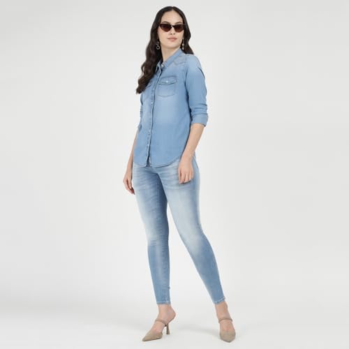 GUESS Women Blue Solid Spread Collar Full Sleeves Shirt