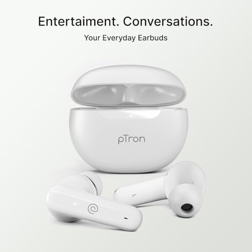 pTron Bassbuds Astra in-Ear TWS Earbuds w/Stereo Sound, 34Hrs Playtime, Stereo Calls, Custom EQ, Mobile App, BTv5.3 Headphones, Touch Control, Voice Assistant, Type C Charging & IPX4 (White)
