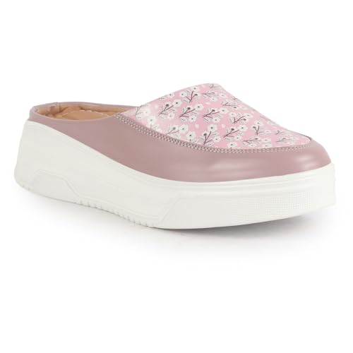 FAUSTO FST FJDWC-7020 PEACH-38 Women's Peach Stiched Floral Print Back Open Height Enhancer Flatform Heel Slip On Casual Shoes (5 UK)