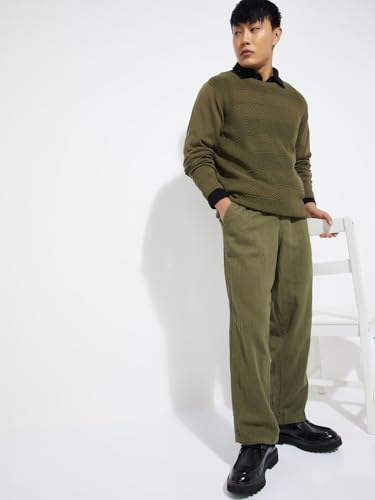 Max URB_N Men Textured Regular Fit Trousers (Green_M)