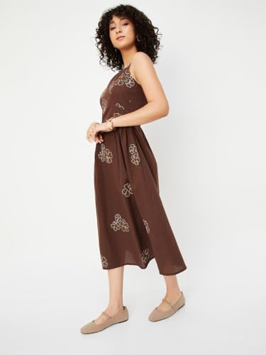 Max Women's Cotton A-Line Midi Casual Dress (EE54001_Dark Brown