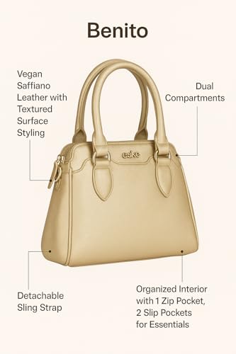 eske Benito Vegan Leather Handbag, Dual Compartment, Magnetic Snap Closure, Textured Saffiano Finish (Gold)
