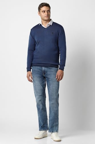 Men Navy Solid V Neck Sweater