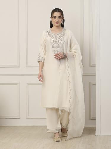 Biba Women White Silk Chanderi Straight Suit Set_34