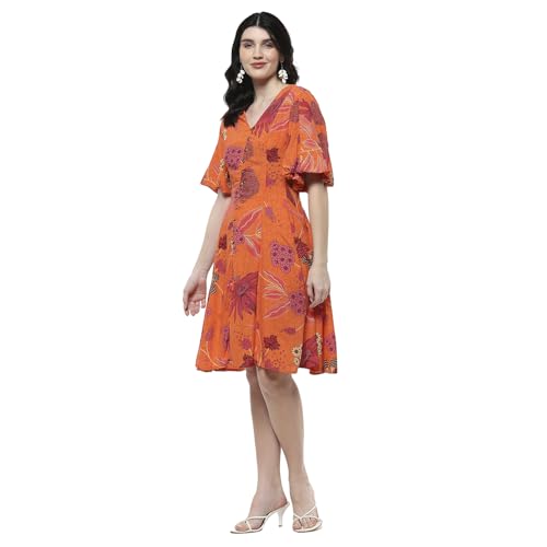 Biba Women's Viscose Flared Mini Dress (SPIOT2949SS25ORG_Orange