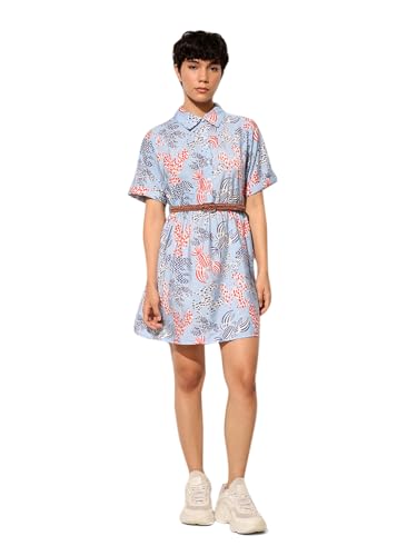 ONLY Women Fit and Flare Blue Dress with Belt