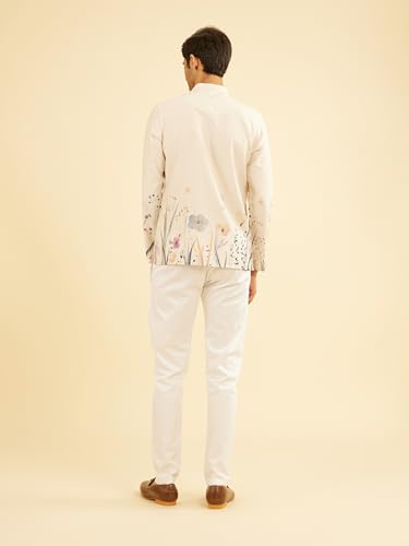Manyavar Men's Cotton Blend Pastel Floral Prints Short Kurta (Beige,XL)