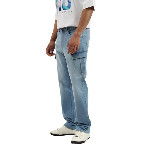 United Colors of Benetton Solid Comfort Fit Ice Wash Cargo Jeans (Size: 40)-25A4MBOO5024I901