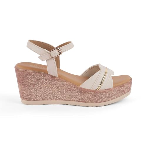 tresmode SANET Women's Wedges Sandals Platform Heels Cream, 5 UK / 38 EU - Round Open Toe Comfortable Soft Footwear - Vegan Friendly Durable