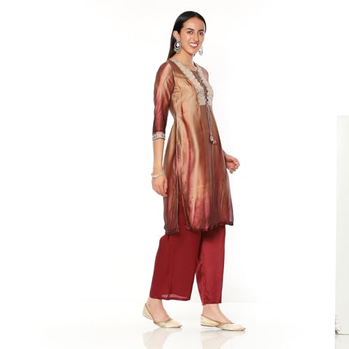 Rangriti Women's Gold Crepe Georgette Straight Printed Kurta Palazzo Suit Set_42