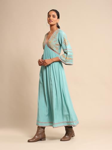 Ritu Kumar Turquoise Embroidered Tussar Silk Dress