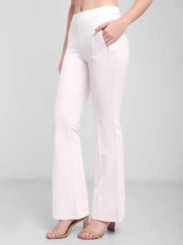 Latin Quarters Women's White Solid Casual High Rise Full Length Trouser_L