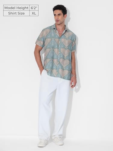 The Souled Store Holiday Shirt: Indie Men and Boys Short Sleeves Collared Neck Button Front Blue All Over Printed Cotton Blend Regular Fit Holiday Shirts