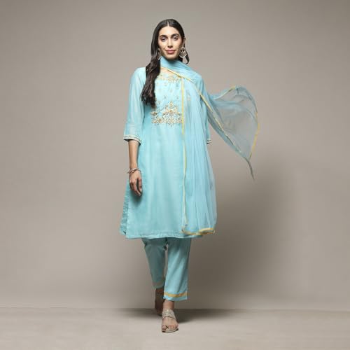 BIBA WOMEN YARNDYED NARROW SALWAR KURTA DUPATTA(SKDSKD7456E_TURQUOISE_40)