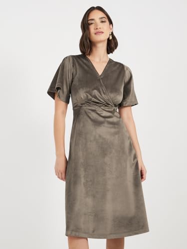 Styli Women Olive Green Solid V-Neck A-Line Midi Dress | Elegant Wrap Style | Short Extended Sleeves | Flared Hemline | Perfect for Casual & Semi-Formal Occasions