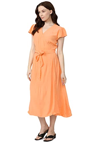 Van Heusen Women's Viscose Classic Below The Knee Dress (VWDRFRGFE37471_Orange