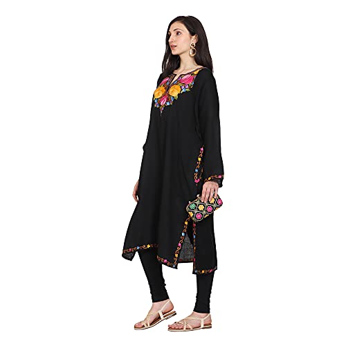 CRAFTBAZAR Kashmiri Woolen Black phiran with Multi Colour Embroidery Plus Size