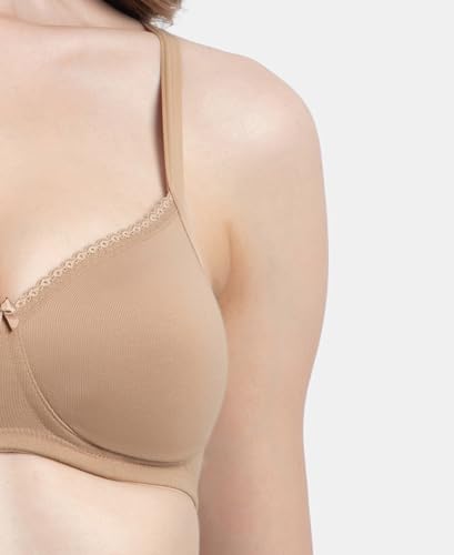 Jockey 1723 Women's Wirefree Padded Super Combed Cotton Elastane Stretch Medium Coverage T-Shirt Bra with Lace Styling_Almondine_38B