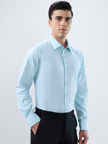 Raymond Men Contemporary Fit Checks Pattern Pure Cotton Semi Cutaway Collar Full Sleeve Formal Shirt Blue